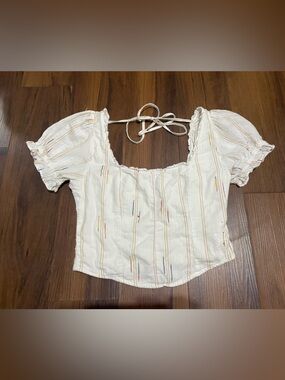 Free People Serotonin Corset blouse boho S peasant puff sleeve rainbow ivory